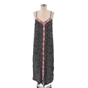 SAVANNA JANE Dress Womens Sz‎ S Black Polka Dot Boho Embroidered Vneck Maxi Tank